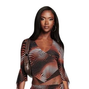 I.AM.GIA‎ Freyja Top Women's M Sheer V-Neck Y2K Bell Sleeve Geometric Blouse